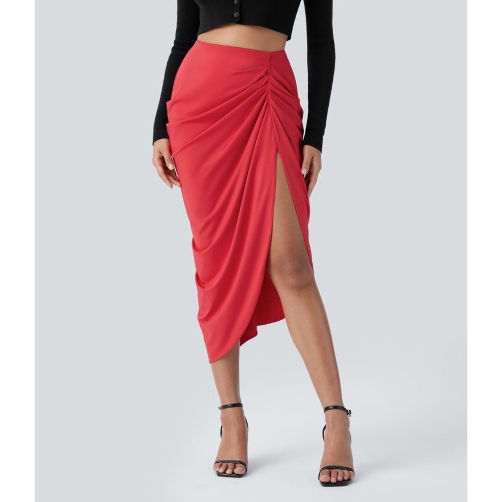 HALARA Red Ruched Midi Skirt with Side Slit